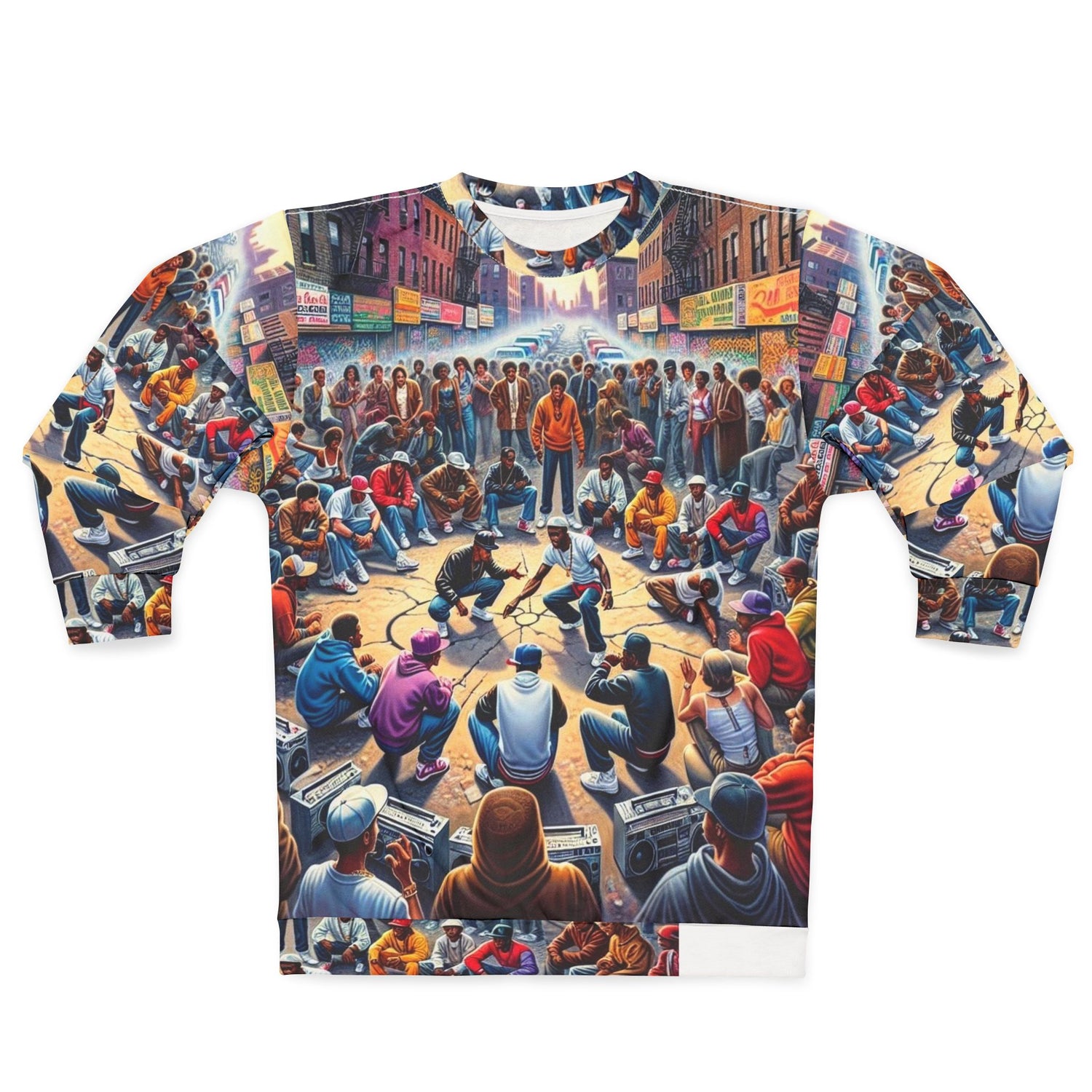 Front view – Unisex Heritage Sweatshirt with all-over print, Black-Owned brand, soft fleece fabric, and classic crew neck design.