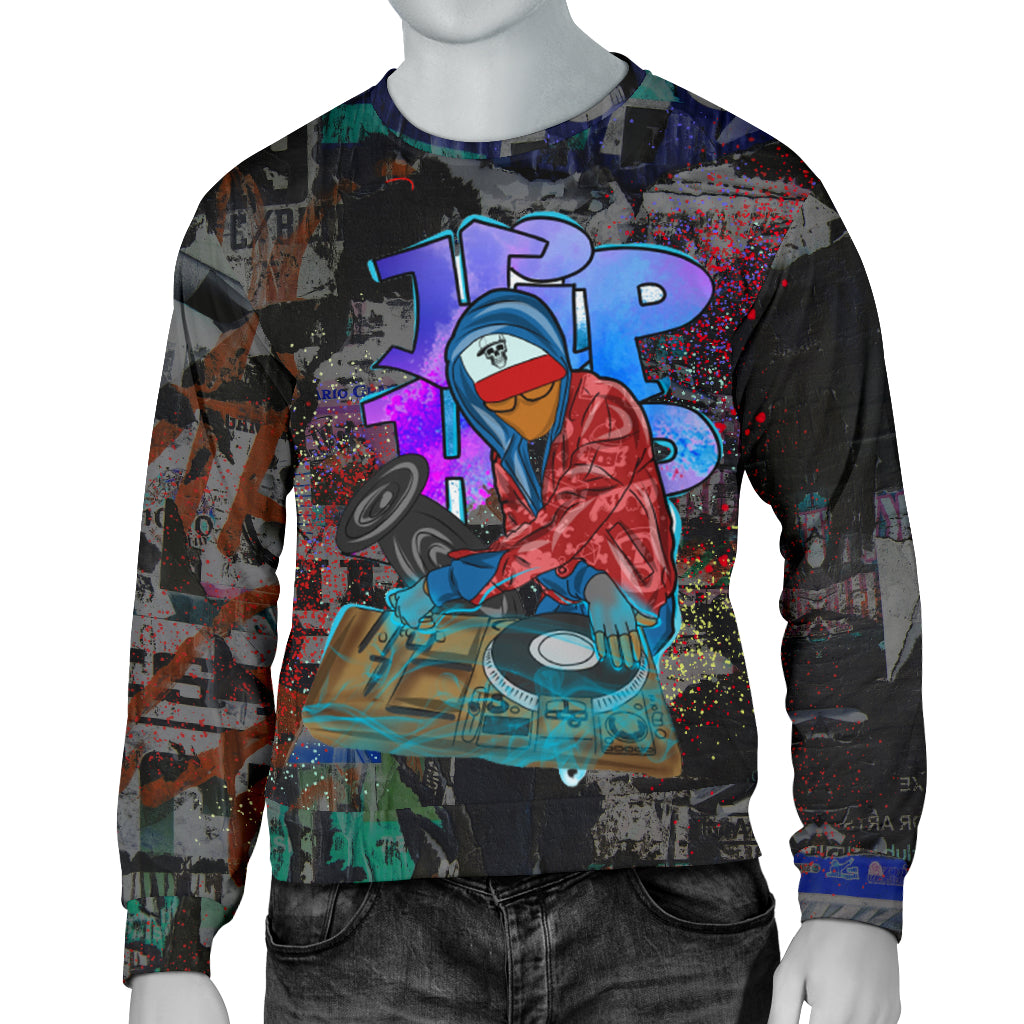 A mannequin wearing a multicolored hip hop-themed sweatshirt with a graphic of a DJ and turntables.