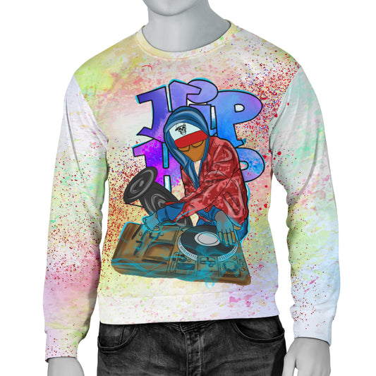 A colorful men's long-sleeve sweater with a graphic print of a hip hop musician on the front.