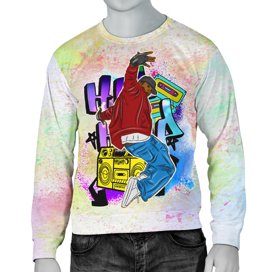A colorful men's sweatshirt with a graphic of a person dancing on it, surrounded by a vibrant, multicolored backdrop.