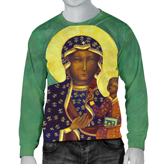 A green men's sweater featuring a detailed black and red design of the Black Madonna and child on the front.