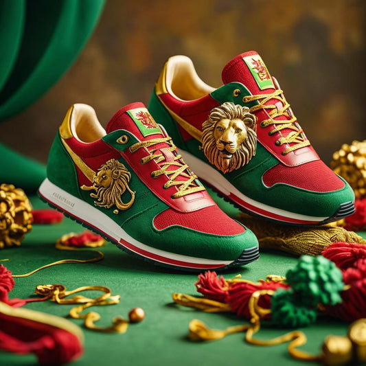 Lion of Judah Sneaker – Black Owned brand, red, green, and gold color scheme with 3D lion emblem, bold heritage-inspired design, durable and stylish sneaker.