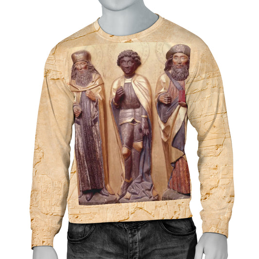 A male mannequin wearing a beige sweater with a high-definition print of three figures from the Middle Ages.