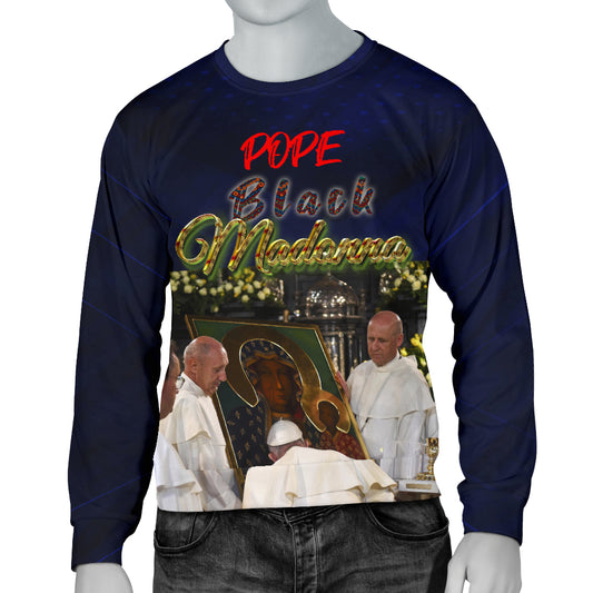 A navy blue long-sleeved men's sweater with a graphic print of three figures, including a pope and two other figures, on the front.