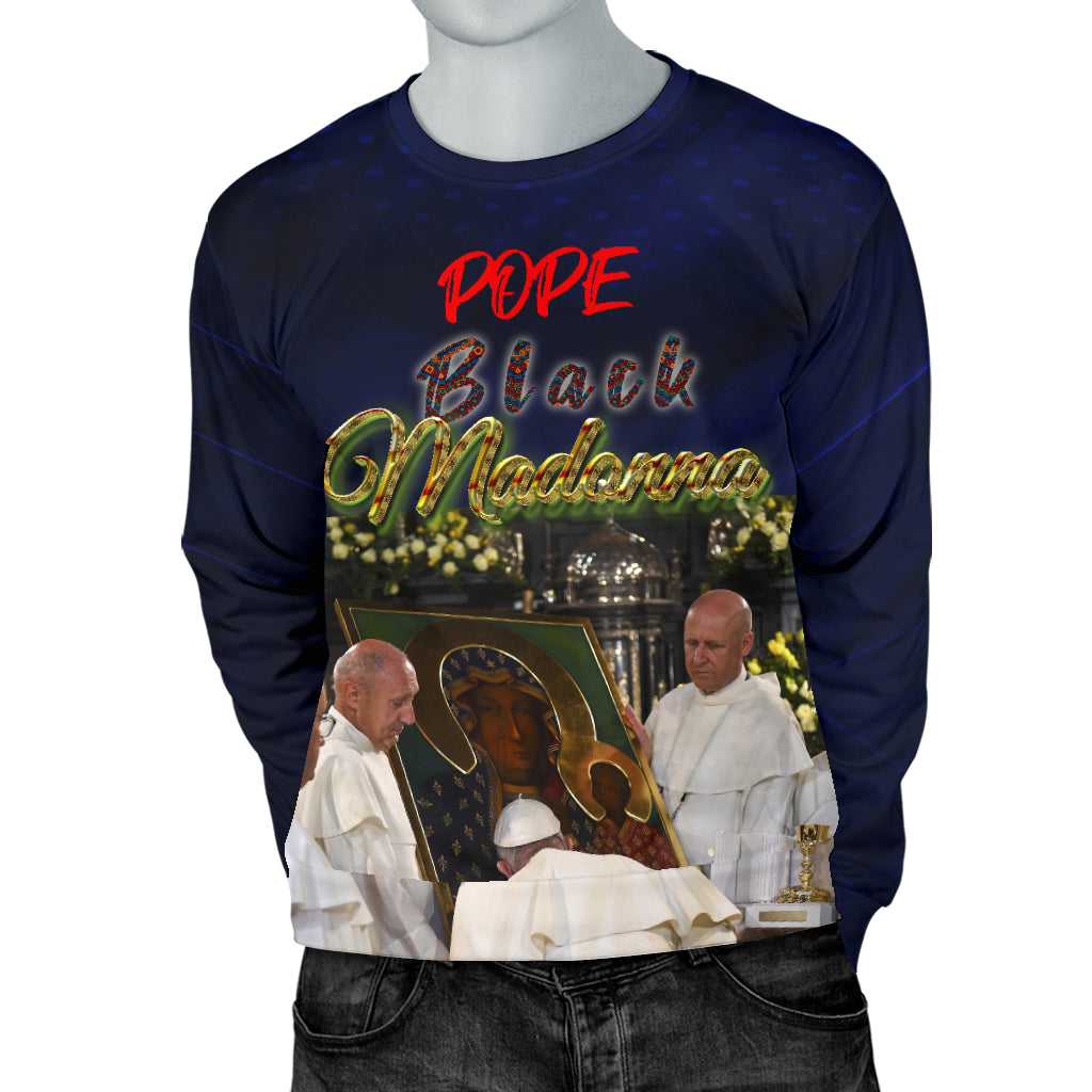 Pope Black Madonna Sweater on mannequin with both hands in pockets – Black Owned handcrafted woven polyester sweater blending tradition with modern streetwear elegance.