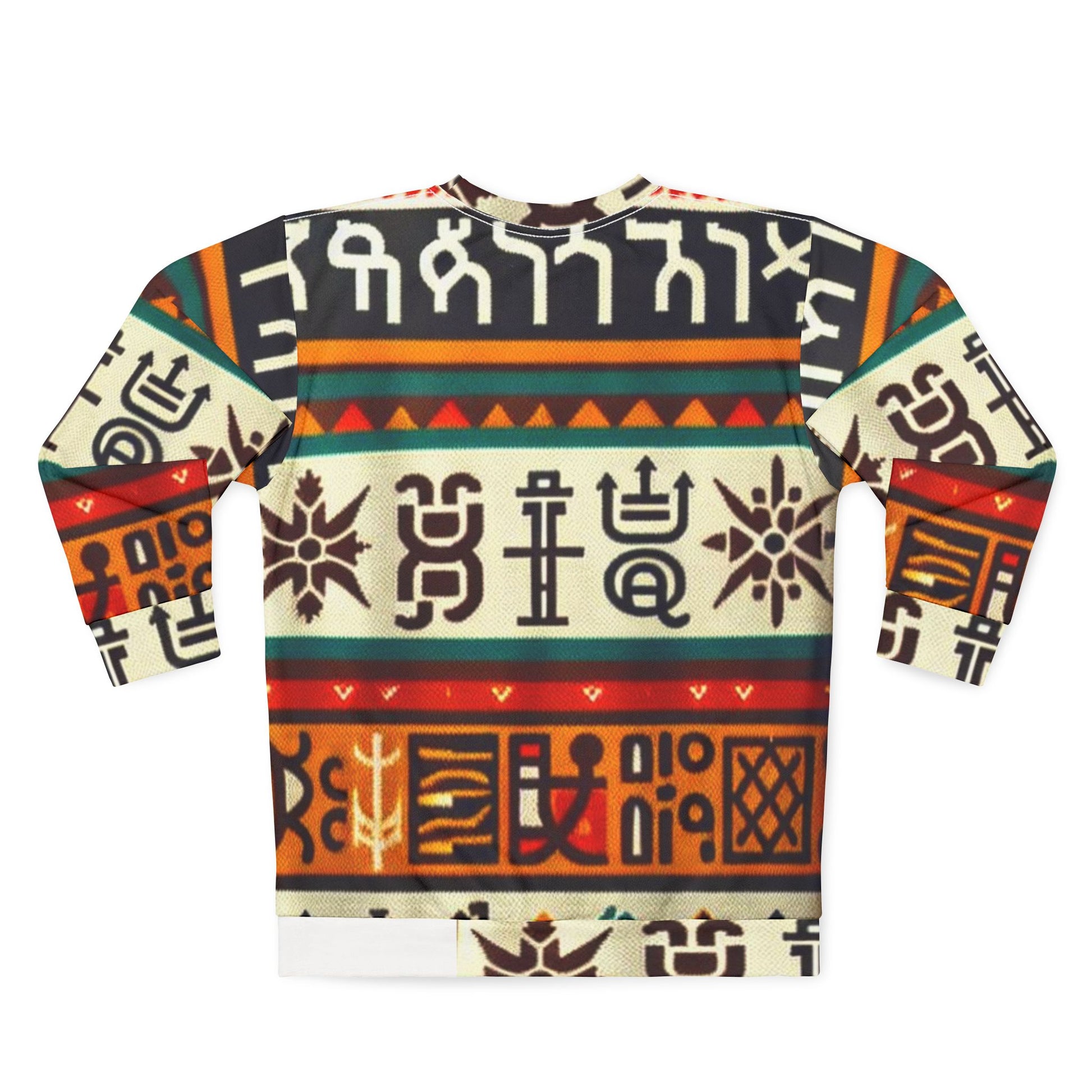 Flat lay of the back side View of Pre-Colonial Modern sweatshirt with seamless all-over cultural pattern