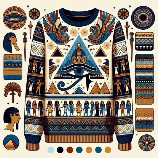 An illustration of a lightweight sweatshirt with a pre-Colonial theme, featuring ancient Egyptian and other pre-Columbian designs.