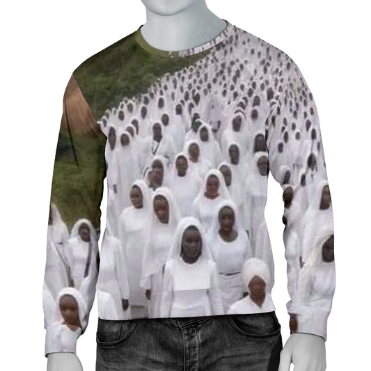 A male mannequin wearing a white sweater with a repeated pattern of a group of people in white dresses.