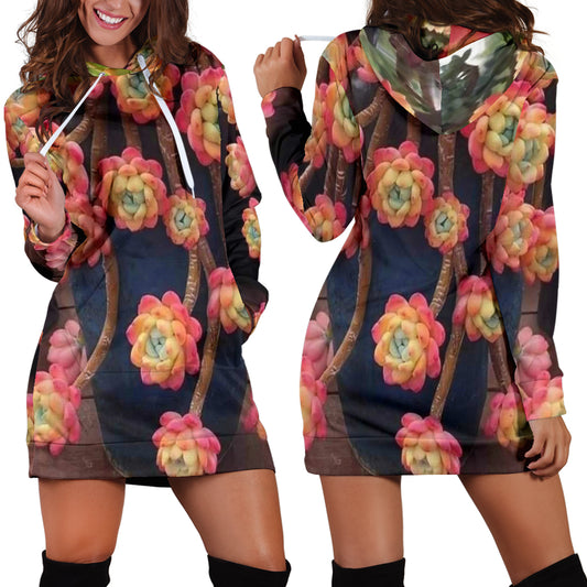 Front and back view of Succulent Flower Women's Hoodie Dress worn by female model – Black Owned premium polyester dress designed for comfort, durability, and floral-inspired style.
