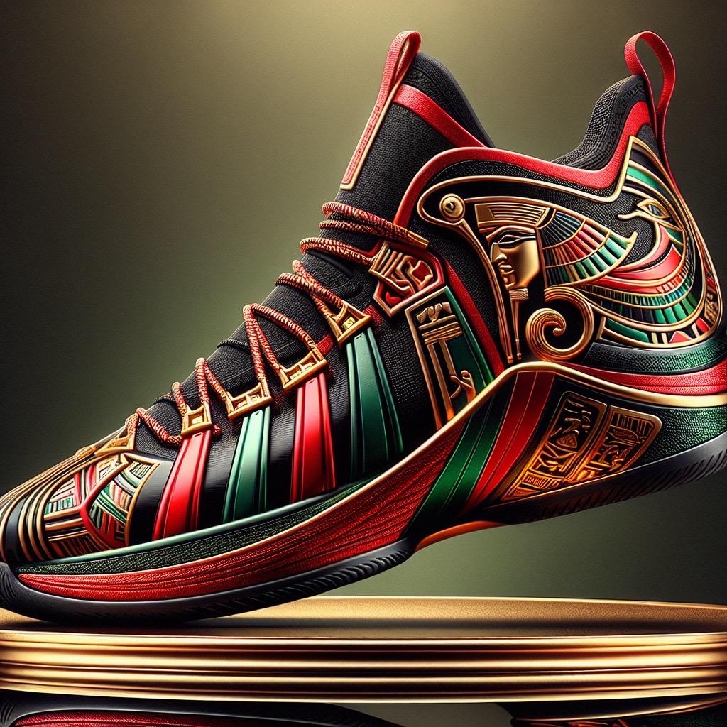 Suede Red Black Sneaker – Black Owned brand, high-top sneaker with Egyptian-inspired red, green, and gold detailing, bold and stylish premium design.