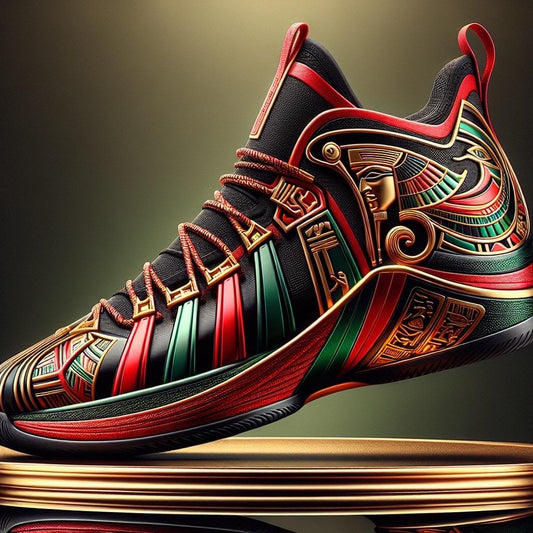 Suede Red Black Sneaker – Black Owned brand, high-top sneaker with Egyptian-inspired red, green, and gold detailing, bold and stylish premium design.