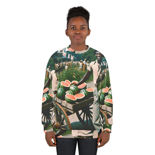 Model wearing watermelon-themed Black-Owned unisex heritage sweatshirt – vibrant design and soft fleece.
