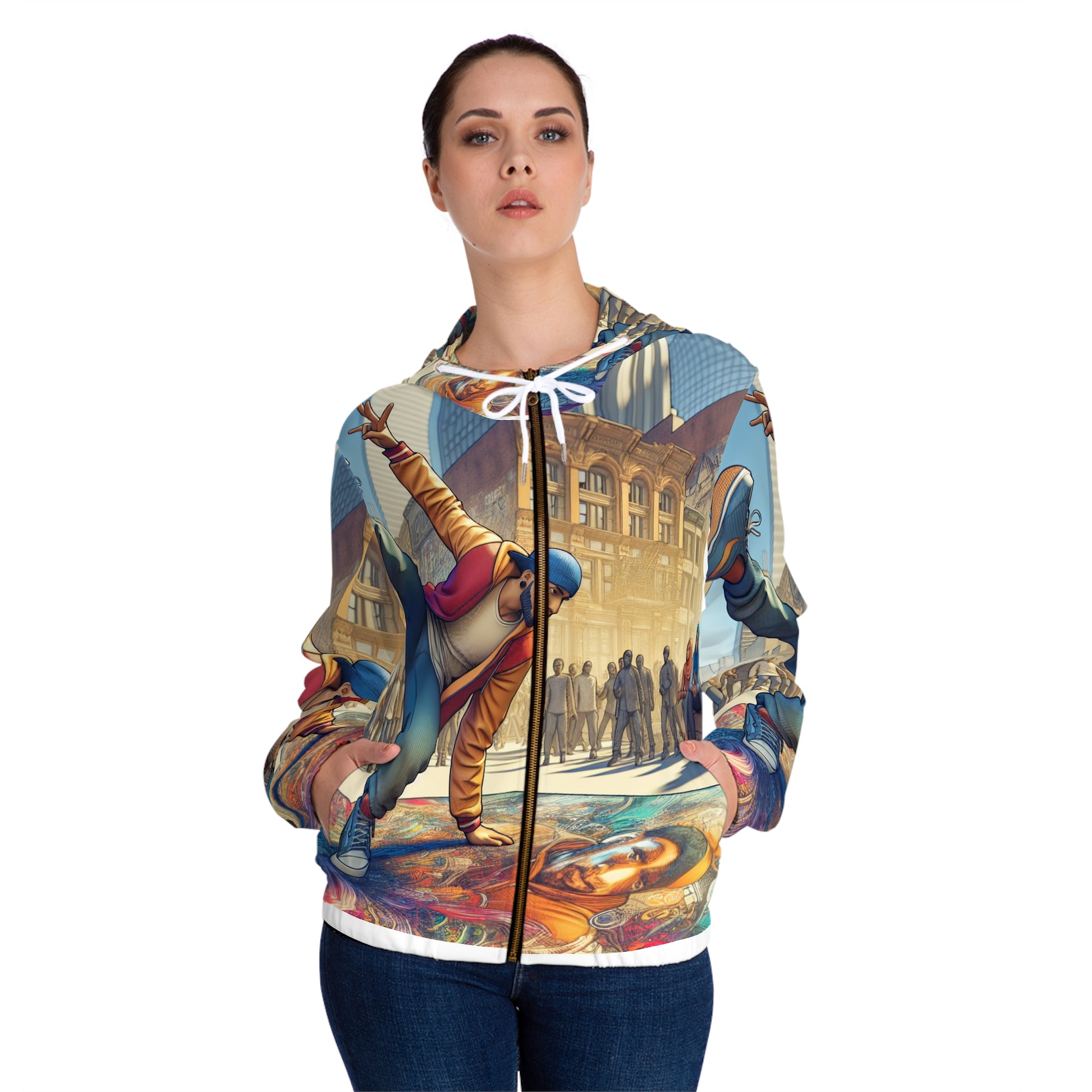  Front view of Women’s Full-Zip AOP Hoodie worn by model – Black Owned brand, soft polyester-spandex blend with metal zipper and two front pockets.