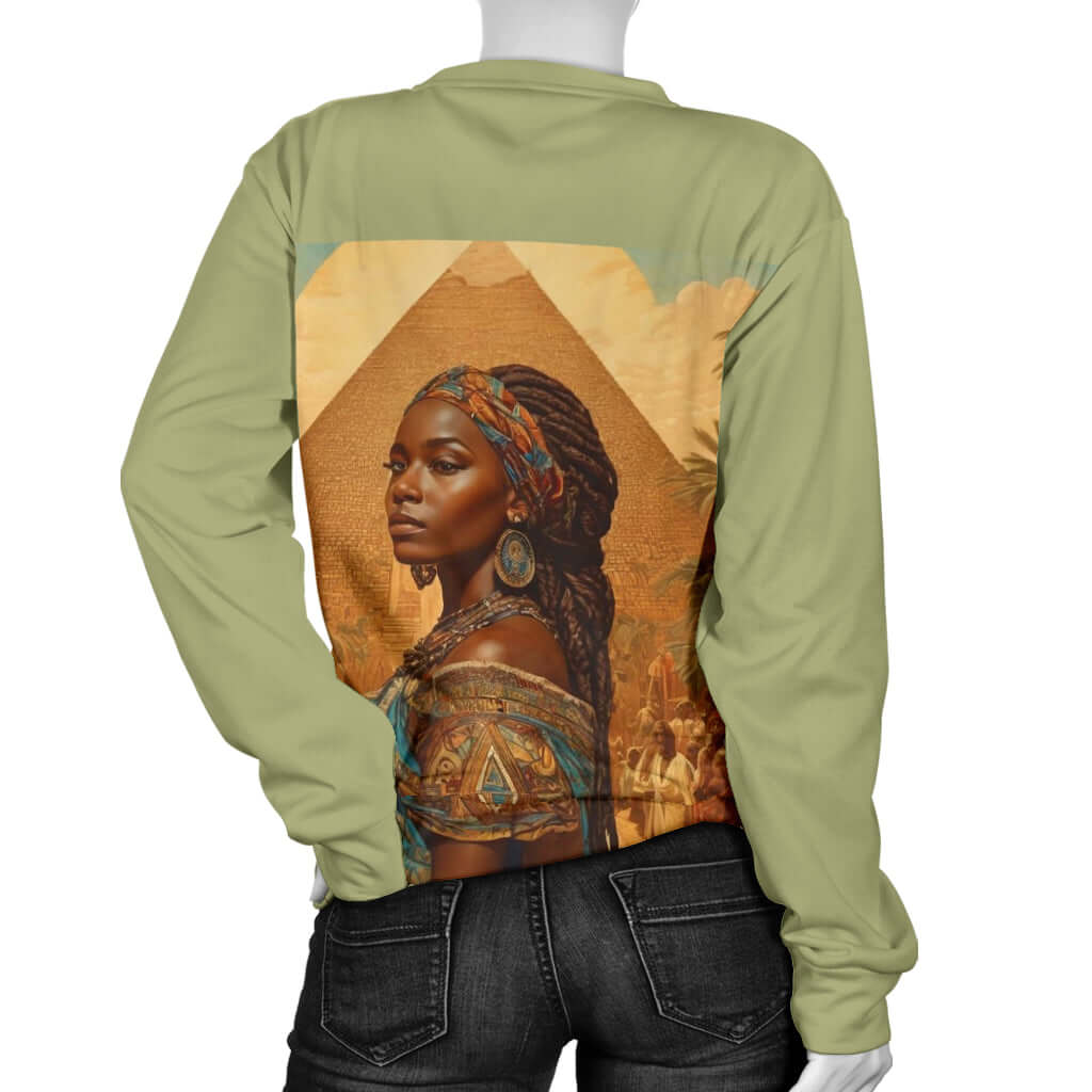 Back view of Women’s green sweater on mannequin – Black Owned brand, durable handcrafted sweater made with premium-woven polyester.