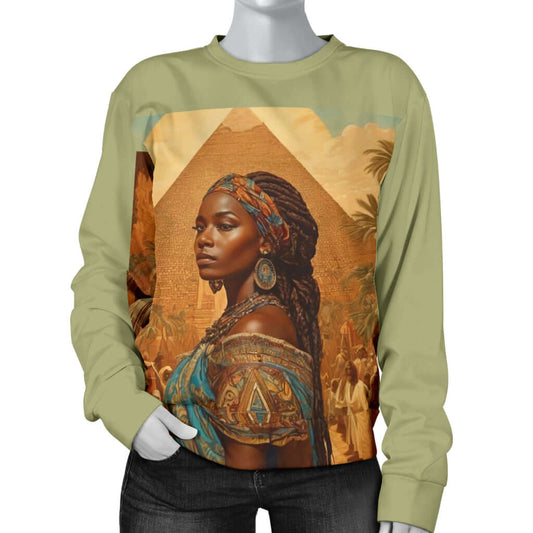 Front view of Women’s green sweater displayed on mannequin – Black Owned brand, handcrafted custom-made woven polyester for premium quality.