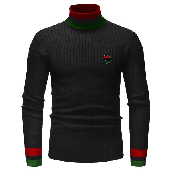 A black turtleneck sweater with a red, black, and green geometric pattern on the sleeves, featuring a round neckline and a brand logo on the chest.