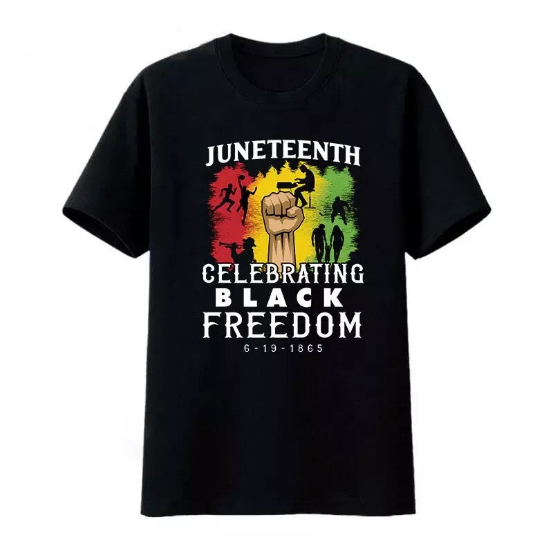 A black T-shirt with a graphic design and text celebrating Juneteenth, the date, and the phrase 'Celebrating Black Freedom'.