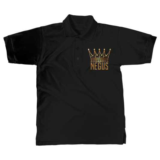 A black color polo shirt with the 'NEGUS' brand logo in gold on the front, featuring a crown design.