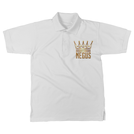 A Withe color polo shirt with the 'NEGUS' brand logo in gold on the front, featuring a crown design.