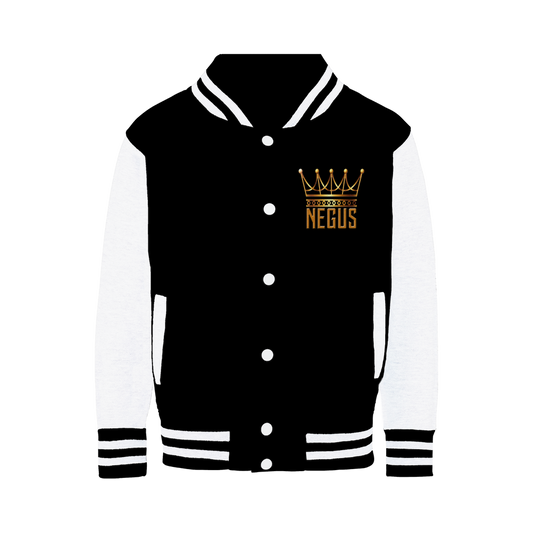 A black and white varsity jacket with a knitted collar, cuffs, and waistband. It features a high definition heat dye application with the NEGUS brand logo in gold on the front.