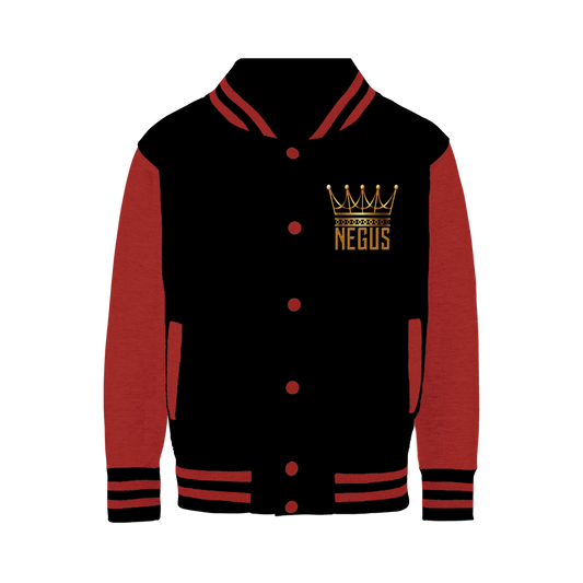  black and orange color NEGUS King Varsity Jackevarsity jacket with a knitted collar, cuffs, and waistband. It features a high definition heat dye application with the NEGUS brand logo in gold on the front.