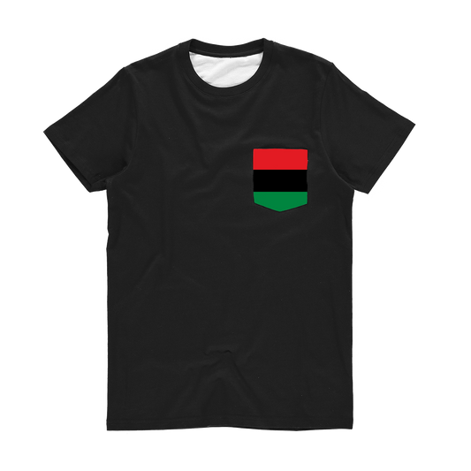 A black long-sleeve men's t-shirt with a colorful geometric pattern on the front, resembling a flag.