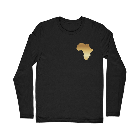 Africa PRIDE Men's Long Sleeve Shirt in black – Black-Owned premium cotton shirt featuring golden African map print, blending cultural pride with modern style