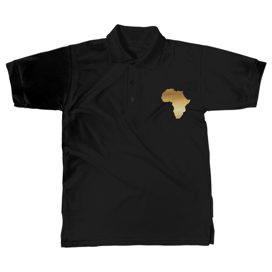 A black color, men's polo shirt with a gold heat-dye application of the African continent on the front.