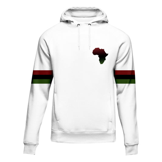 A white hoodie 2 with a Africa-themed design on the front, featuring a black and green stripe pattern and a colorful geometric shape.