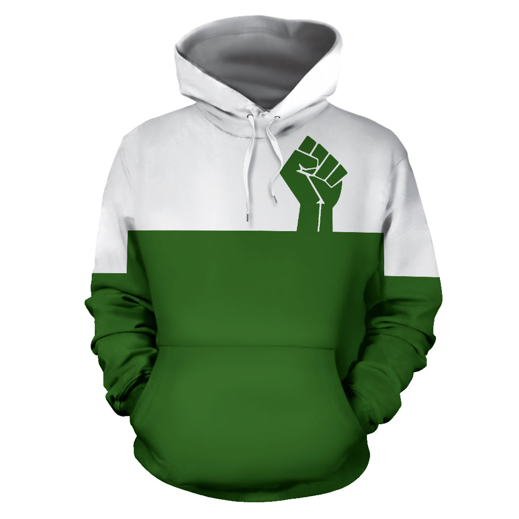 Front view of Africa UNITE Men's Green Hoodie with bold design and vibrant green color.
