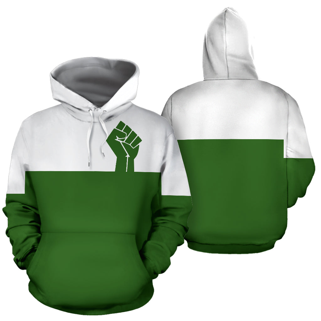 A men's green hoodie with a white hood, featuring a black fist design on the front and green and white color blocks on the sleeves.