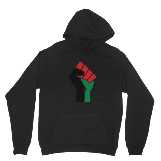 A black hoodie with a graphic design of a fist and the colorful Pan-African flag pattern on the wrist area. The hoodie features a hood and a front pouch pocket.