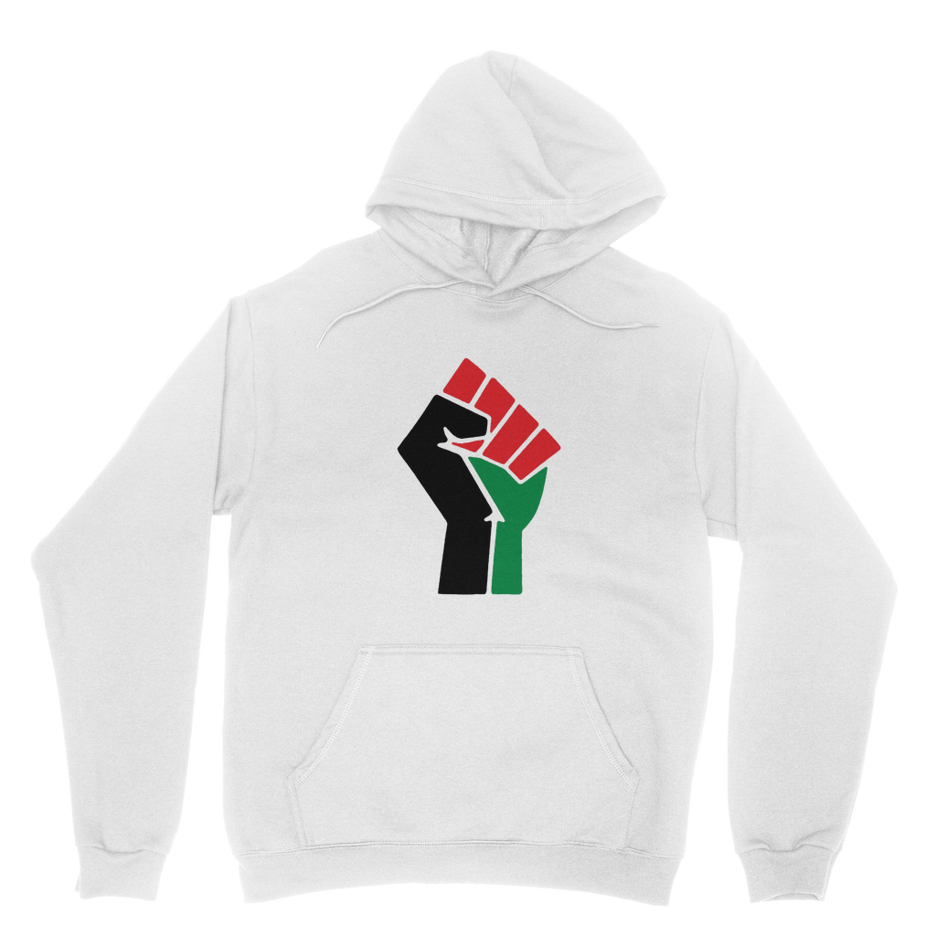 Africa UNITE Men’s Hoodie in light Withe color – Black-Owned hoodie with a soft mix of black and predominantly white tones, offering a stylish and versatile cultural design
