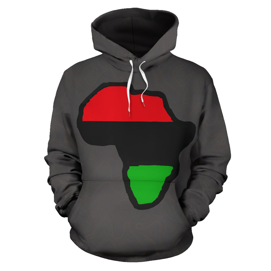 The African Map Design Hoodie front view – Black-Owned premium polyester hoodie celebrating African heritage with comfort and style