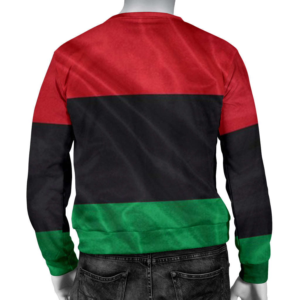 Back view of the African RBG Flag Sweater showcasing bold cultural color design from a Black-owned brand.
