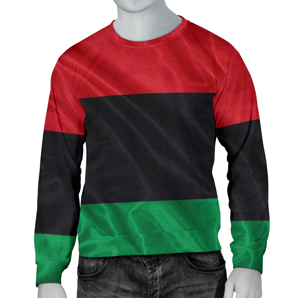 Front view of the African RBG Flag Sweater by a Black-owned brand, featuring red, black, and green heritage colors.