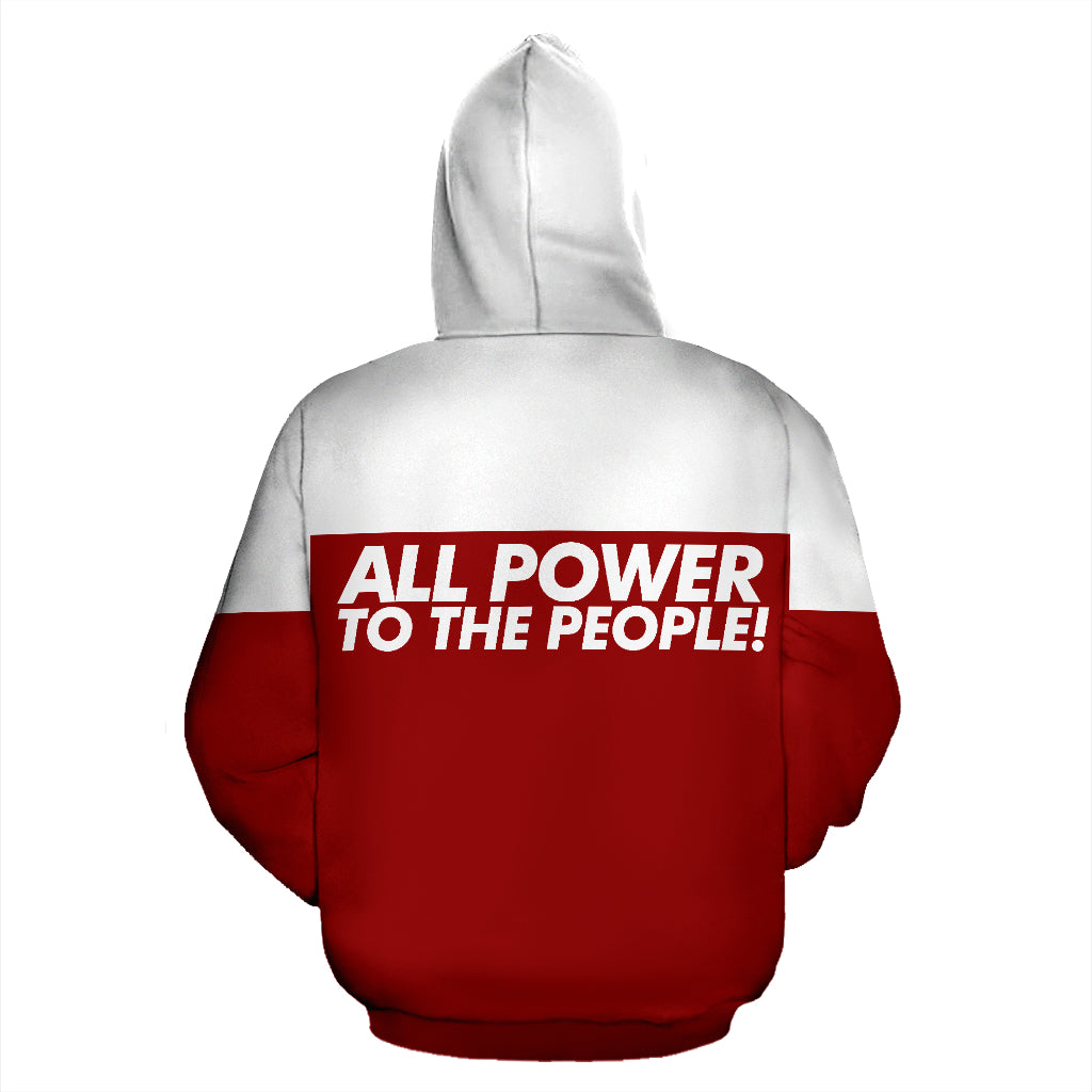 Back view of the All Power to the People Red Hoodie from a Black-Owned brand, showcasing extended text design on rich red polyester. Designed to inspire and empower, this hoodie celebrates heritage and collective strength.