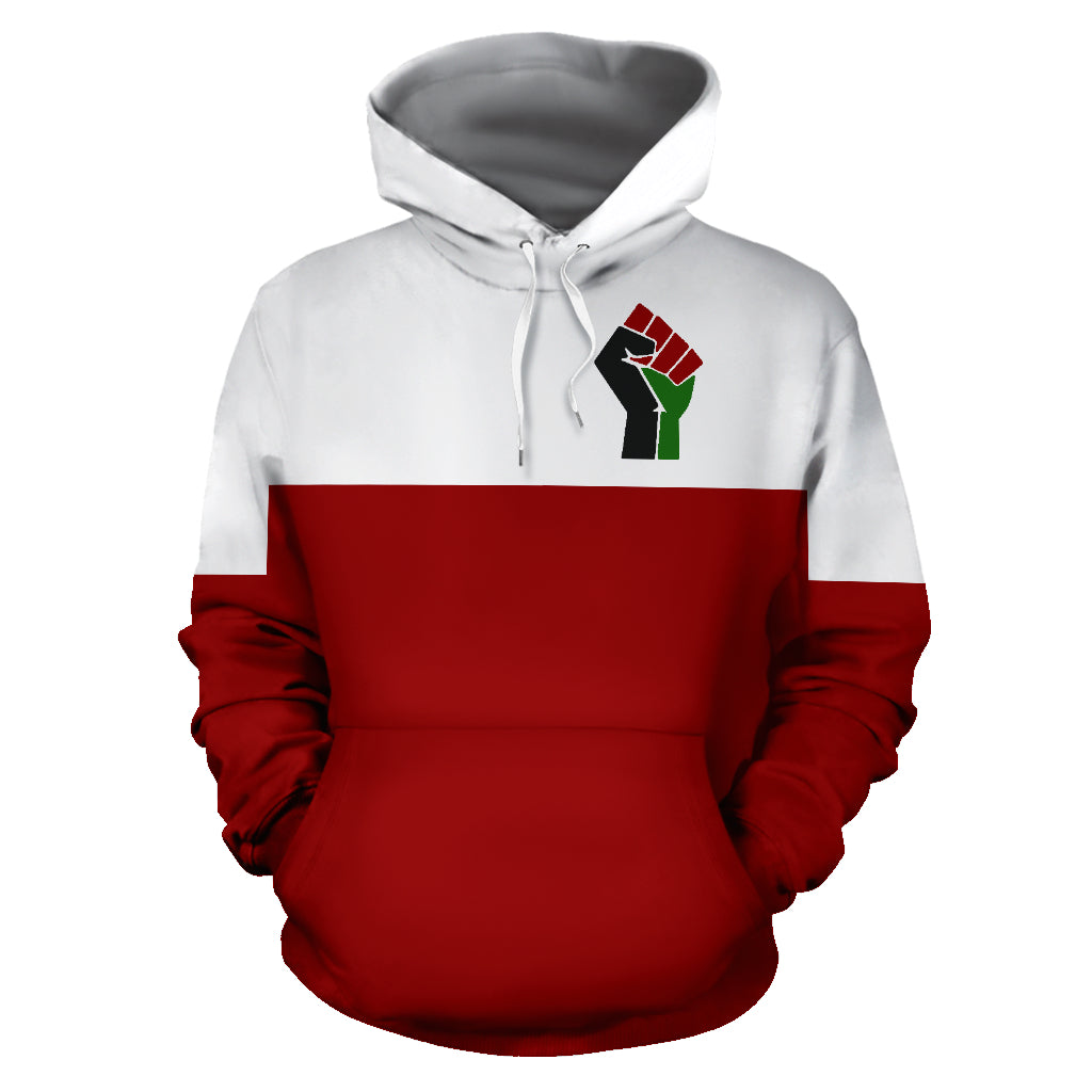 Front view of the All Power to the People Red Hoodie by a Black-Owned brand, featuring bold text design on high-quality red polyester. This custom hoodie expresses unity, resistance, and cultural pride through powerful messaging and durable comfort.