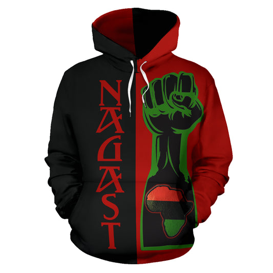 A black and red hoodie with a design featuring a fist and the text 'NAGAST' on the front.