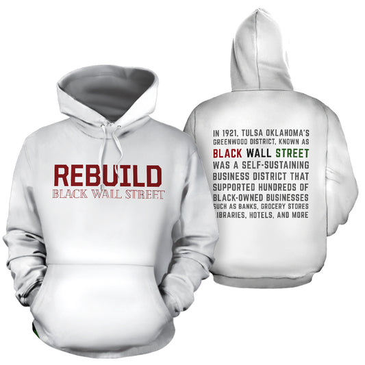 A white hoodie with text on the front and back, featuring a hood, hoodie sleeves, and a high-definition heat-dye application.