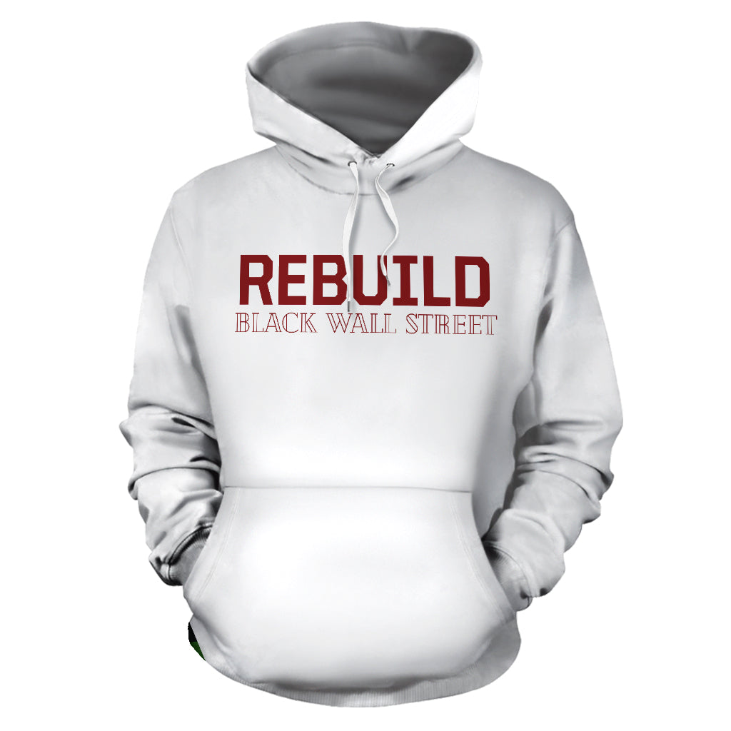  Front view of the Black Wall Street White Hoodie showcasing powerful design elements that honor history and resilience, from a Black-Owned brand.