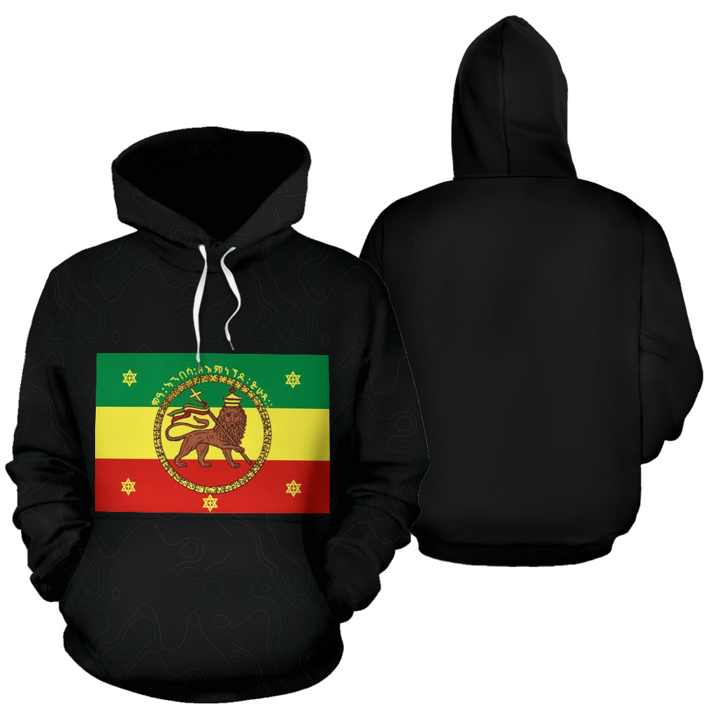 Ethiopians Old Hoodie in black showing both front and back views – Black-Owned premium polyester handcrafted hoodie offering comfort, durability, and timeless cultural pride