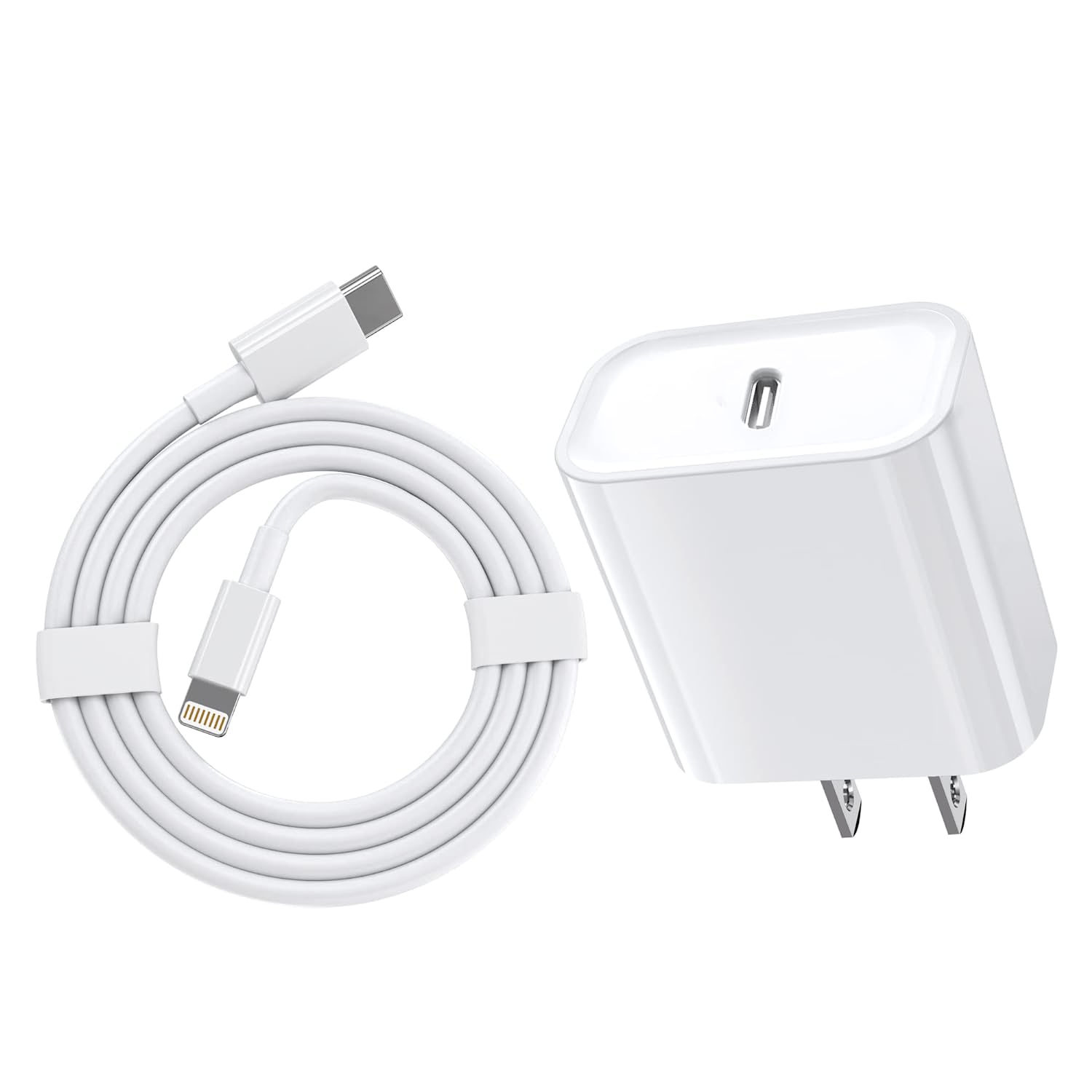 An Apple iPhone fast wall charger with a white color scheme, including a Lightning cable.