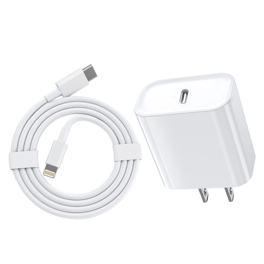 An Apple iPhone fast wall charger with a white color scheme, including a Lightning cable.