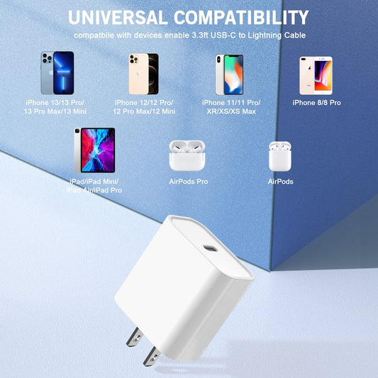Fast iPhone Wall Charger showing universal compatibility with iPhone models, iPads, and AirPods – Black-Owned Brand high-speed USB-C to Lightning charging adapter