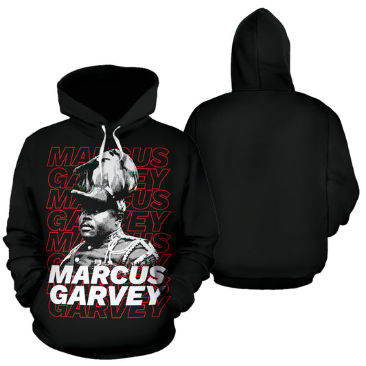 A black hoodie with a graphic print of Marcus Garvey in the center, surrounded by text that reads 'MARCUS GARVEY' in red and white.