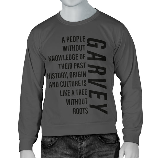 Front view of Garvey Quote Text Design Sweater displayed on mannequin, representing Black-Owned cultural pride and premium comfort.