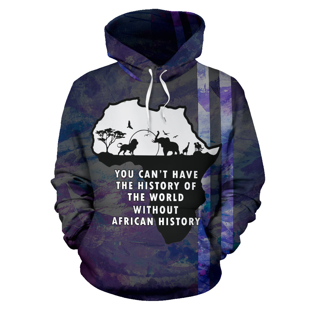 A hoodie with a map of Africa and the text 'You can't have the history of the world without African history' printed on the front.