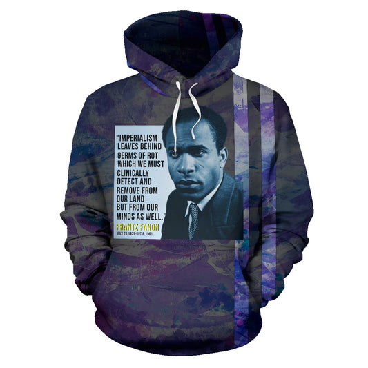 A men's hoodie with a portrait of Frantz Fanon on the front, featuring a purple and blue color scheme and a quote by Fanon.