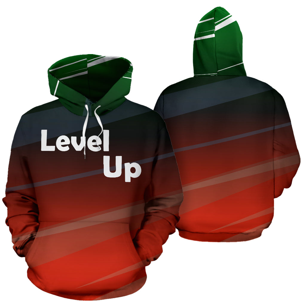  Level Up Text Design Hoodie showing both front and back views – Black-Owned premium custom-made hoodie designed for comfort, confidence, and everyday growth